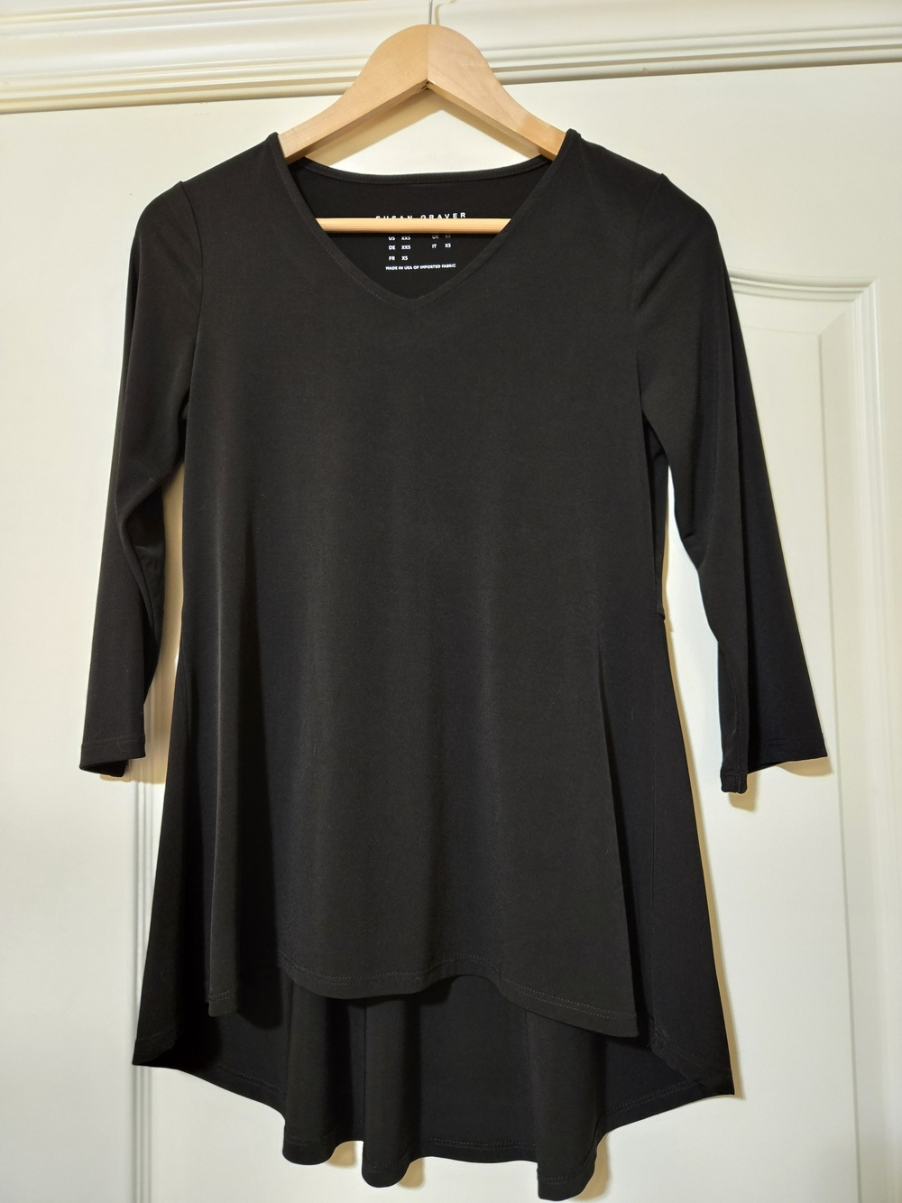 Susan Graver Black V-Neck High-Low Tunic with 3/4 Sleeves